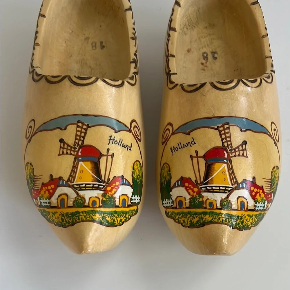 Vintage Holland Kids Windmill Wooden Clogs‎ - Tan Size 18